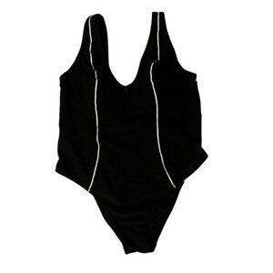 Victoria's Secret Swimsuit XL One Piece Black Zip Front White Stripe V Back